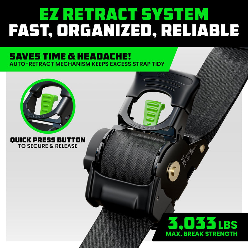 Rhino USA Retractable Ratchet Straps (2-Pack) - 2 Inch x 10 Feet (3,033lb Break Strength) - Heavy Duty Auto Self Retracting Tie Down Straps for Truck, Cargo Trailer, Motorcycle, Rad & More - Black