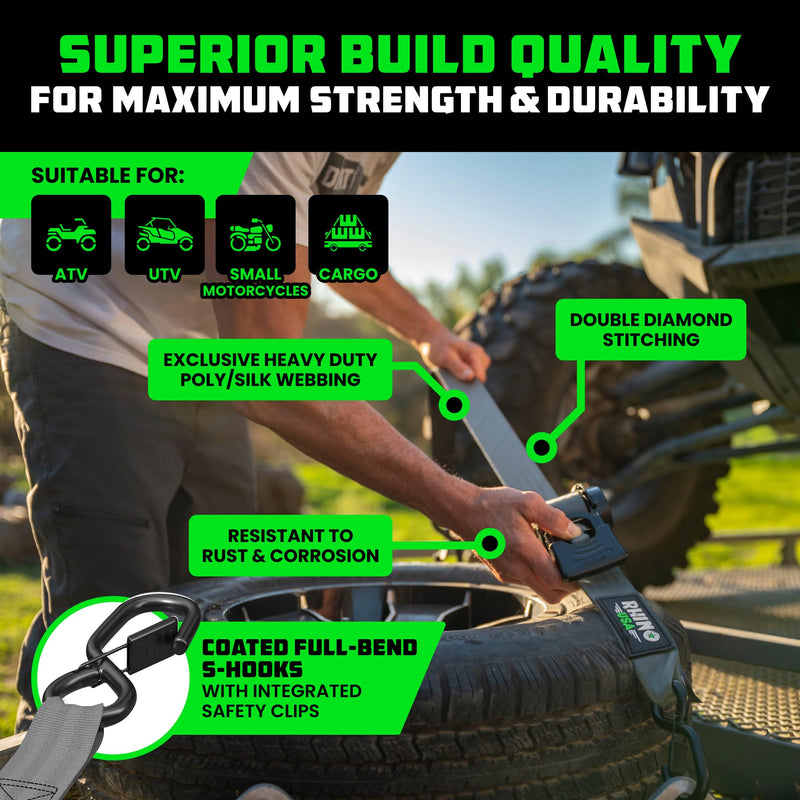 Rhino USA Retractable Ratchet Straps (2-Pack) - 2 Inch x 10 Feet (3,033lb Break Strength) - Heavy Duty Auto Self Retracting Tie Down Straps for Truck, Cargo Trailer, Motorcycle, Rad & More - Gray