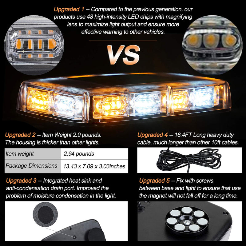 ASPL 48LED roof top strobe light bar with magnetic base, amber and white emergency warning lights for trucks and construction vehicles