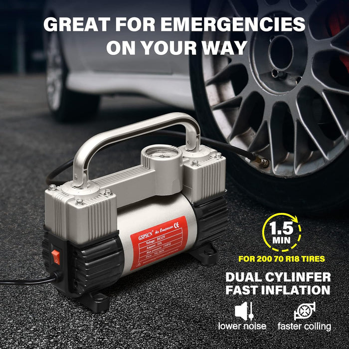 Silver Tire Inflator Heavy Duty Double Cylinders with Portable Bag- Car Accessories，Metal 12V Air Compressor Pump 150PSI with Adapter for Car, Truck, SUV Tires, Dinghy, Air Bed Etc