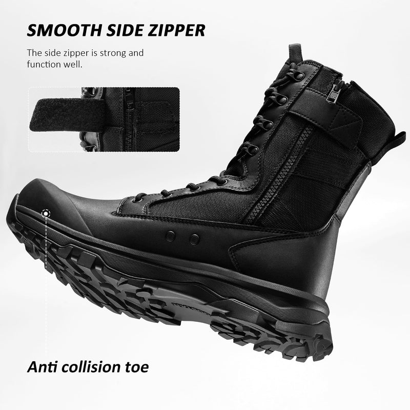 Coostar Tactical Boots for Men Lightweight Military Combat Work Boot Side Zipper Motorcycle Hiking Boots 8 Inches Black Size 12 - Durrett Recovery