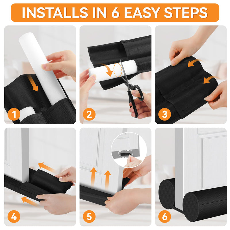 Two LADANY adjustable door draft stoppers blocking gaps at the bottom of doors to reduce drafts, noise, and heat loss.