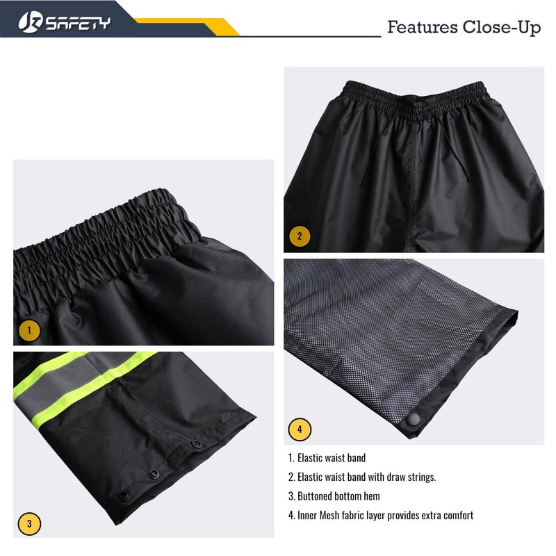 JKSafety Hi-Vis Reflective Safety Rain Jacket and Pants for Men Women Waterproof Rain Gears for Farming Fishing Work HV Rain Suit with Inner Mesh Lining and Pockets (117-Black XL)
