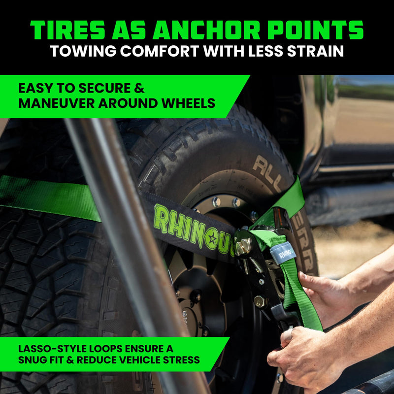 Rhino USA Car Tie Down Straps with J Hooks – 4 Pack 2" x8' – 10,000lbs Break Strength – Heavy Duty T-Handle Car Hauler Tire Lasso Wheel Straps for Trailers, UTV & Powersports – Green