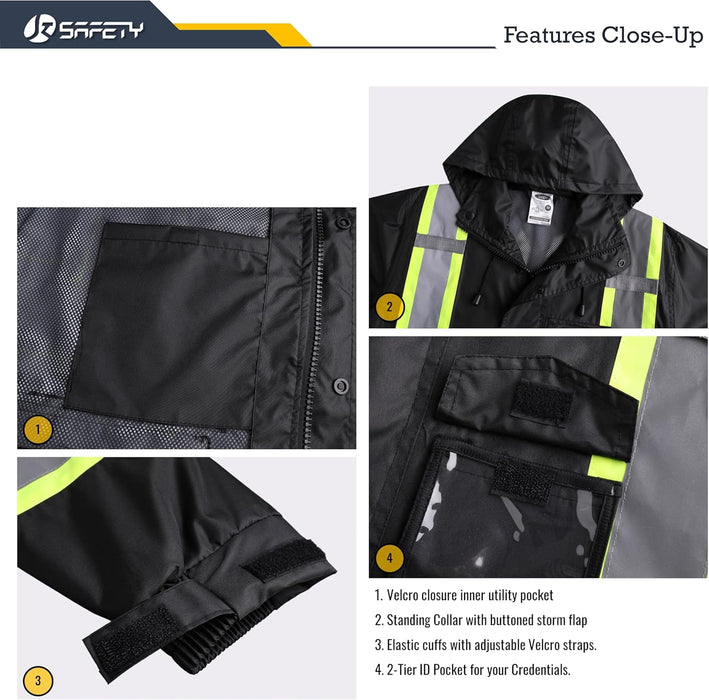 Hi-Vis Reflective Safety Rain Jacket and Pants for Men Women Waterproof Rain Gears for Farming Fishing Work HV Rain Suit with Inner Mesh Lining and Pockets (117-Black XL)