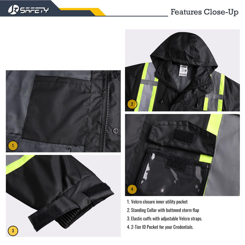 JKSafety Hi-Vis Reflective Safety Rain Jacket and Pants for Men Women Waterproof Rain Gears for Farming Fishing Work HV Rain Suit with Inner Mesh Lining and Pockets (117-Black XL)