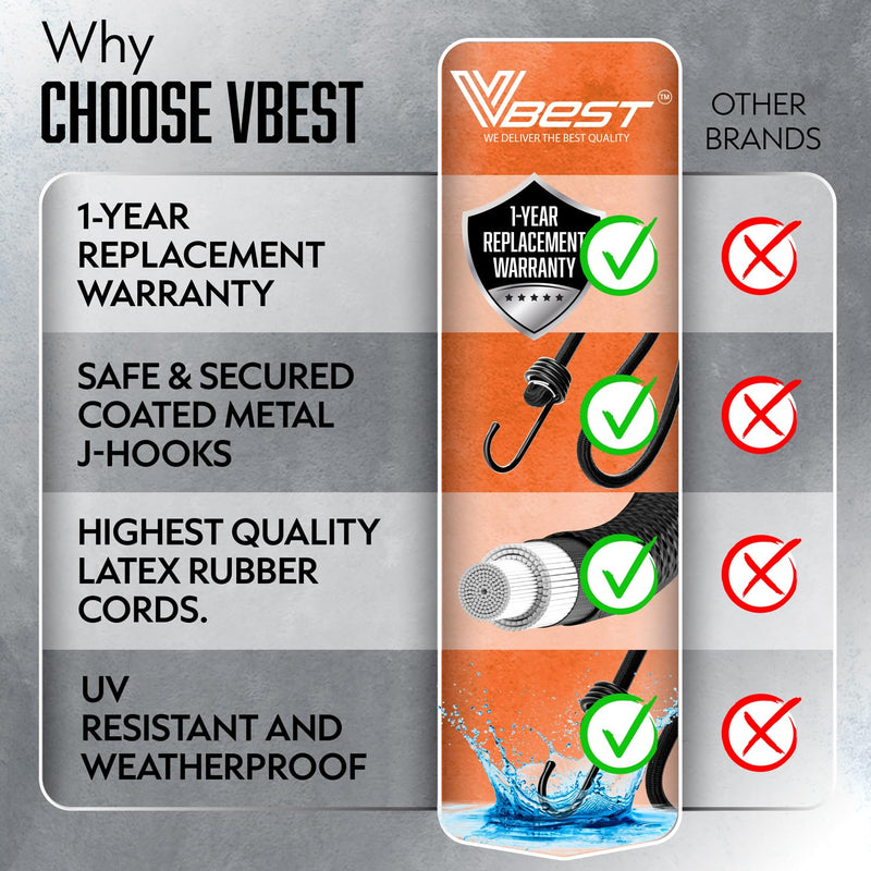 VBEST 18-inch black bungee cords with hooks, heavy duty outdoor set of 6, strong small bungee cords for securing items