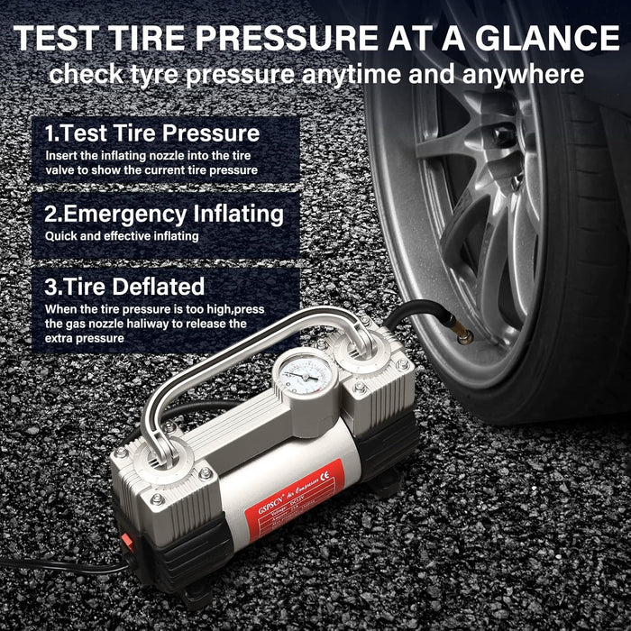Silver Tire Inflator Heavy Duty Double Cylinders with Portable Bag- Car Accessories，Metal 12V Air Compressor Pump 150PSI with Adapter for Car, Truck, SUV Tires, Dinghy, Air Bed Etc