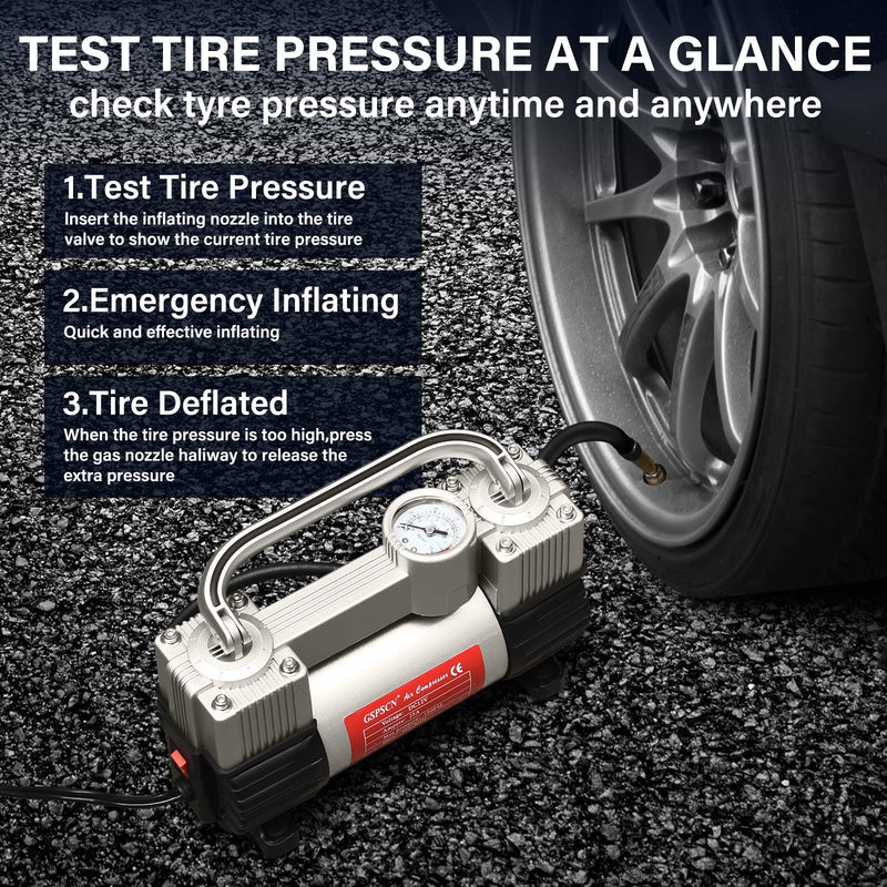 GSPSCN 6X Faster Inflation Tire Inflator Heavy Duty Double Cylinders with Portable Bag- Car Accessories，Metal 12V Air Compressor Pump 150PSI with Adapter for Car, Truck, SUV Tires, Dinghy, Air Bed