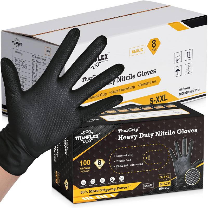TitanFlex Heavy Duty Black Industrial Nitrile Gloves, 8-mil, XL, Box of 100, Latex Free, Raised Diamond Texture, Powder Free, Food Safe, Rubber Gloves, Mechanic Gloves