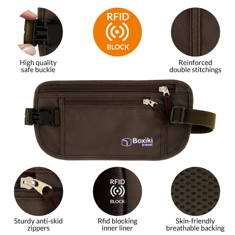 Money Belt for Travel with RFID Blocking Technology - Hidden Travel Money Pouch for Cash, Credit Cards, Passport, and Travel Valuables - Secure Water Resistant Money Belt for Men and Women (Brown)