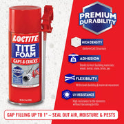 Loctite Tite Foam sealant spray can with polyurethane expanding foam for gaps and cracks, 12 fl oz, in a 1-pack.