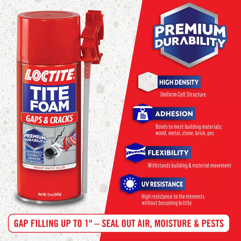 Loctite Tite Foam sealant spray can with polyurethane expanding foam for gaps and cracks, 12 fl oz, in a 1-pack.