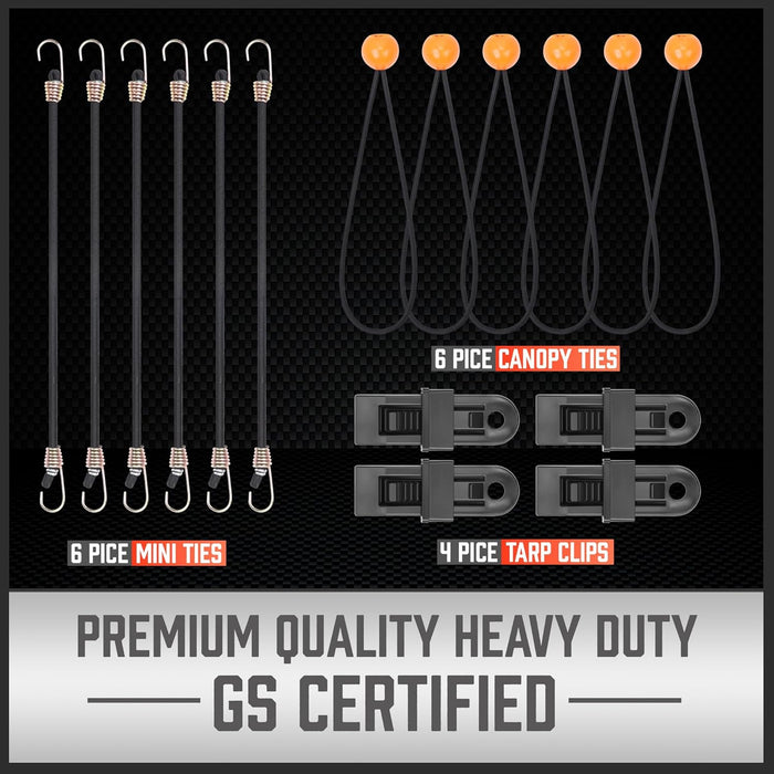 31-Piece Premium Bungee Cords Assortment Jar, Includes 10”,18”,24”,32”,40” Bungee Cords, 6“ Zip Ties, 8”Canopy/Tarp Ball Ties and Crocodile Mouth Tarp Clips
