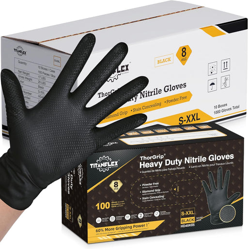 Thor Grip Heavy Duty Black Industrial Nitrile Gloves with Raised Diamond Texture, 8-Mil, Latex Free