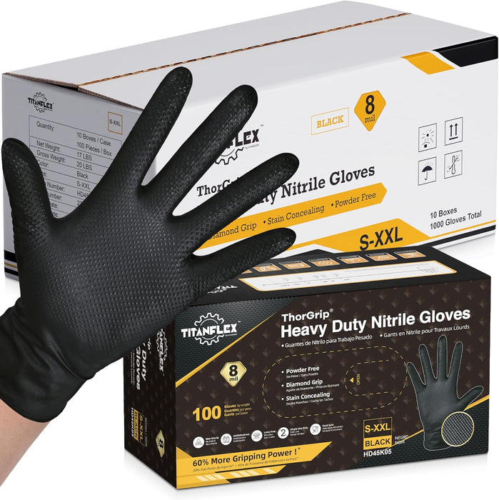 Thor Grip Heavy Duty Black Industrial Nitrile Gloves with Raised Diamond Texture, 8-Mil, Latex Free