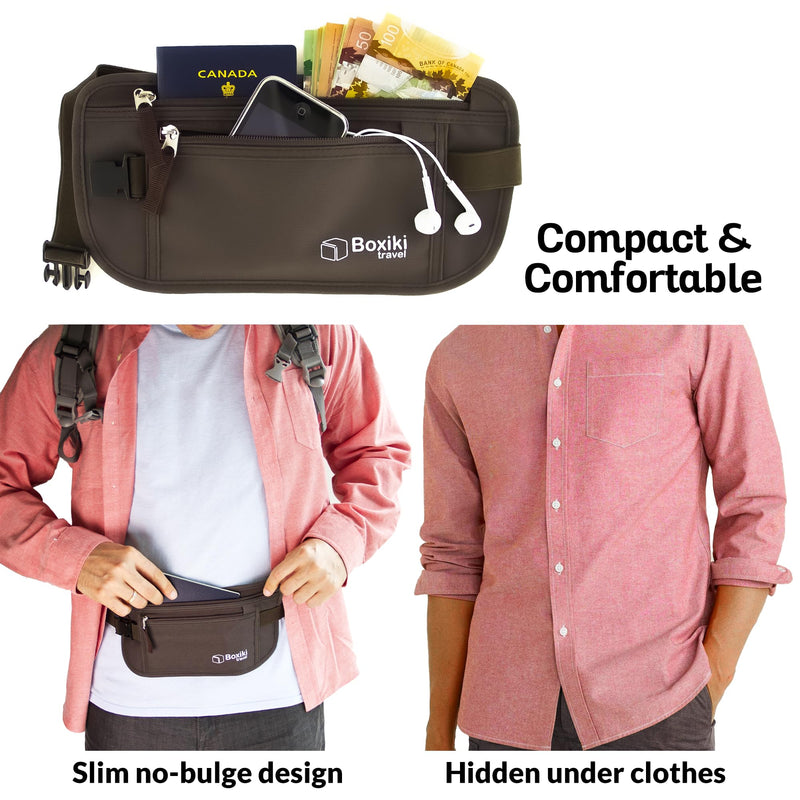 Money Belt for Travel with RFID Blocking Technology - Hidden Travel Money Pouch for Cash, Credit Cards, Passport, and Travel Valuables - Secure Water Resistant Money Belt for Men and Women (Brown)