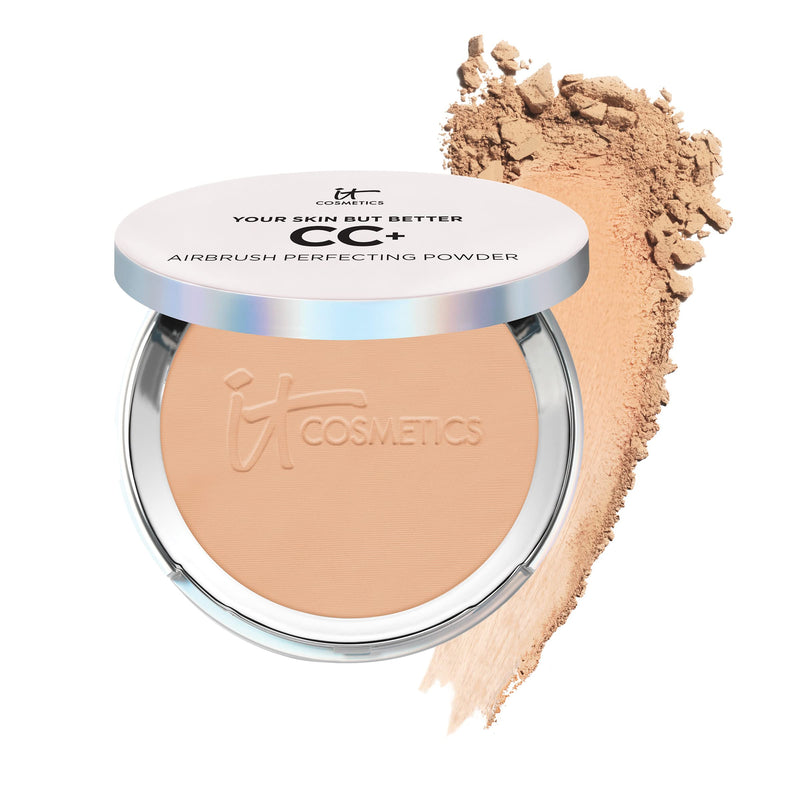 IT Cosmetics CC+ Airbrush Perfecting Powder Foundation in Medium Tan, sheer to full coverage pressed face powder with blurring effect