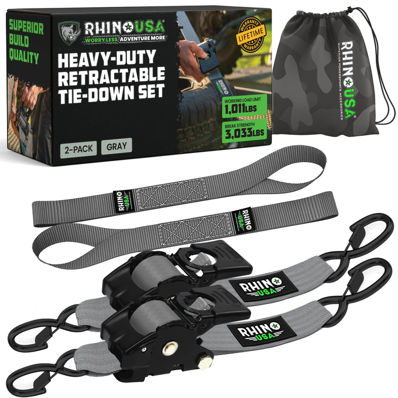 Rhino USA Retractable Ratchet Straps (2-Pack) - 2 Inch x 10 Feet (3,033lb Break Strength) - Heavy Duty Auto Self Retracting Tie Down Straps for Truck, Cargo Trailer, Motorcycle, Rad & More - Gray