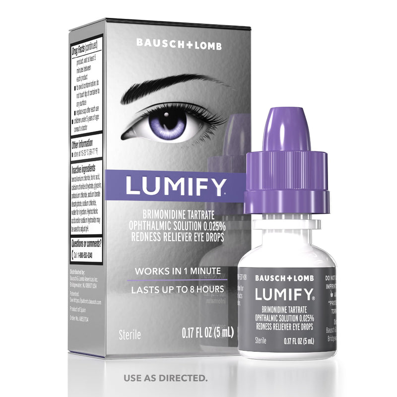 LUMIFY eye drops for red eyes, showing a small 0.17 fl oz bottle, designed to reduce redness and brighten eyes quickly.