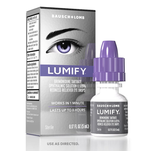 LUMIFY eye drops for red eyes, showing a small 0.17 fl oz bottle, designed to reduce redness and brighten eyes quickly.