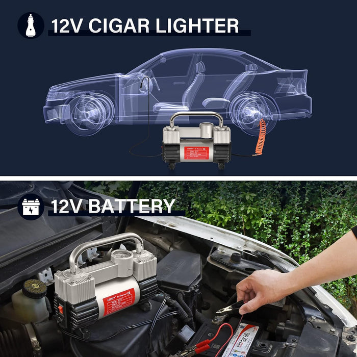 Silver Tire Inflator Heavy Duty Double Cylinders with Portable Bag- Car Accessories，Metal 12V Air Compressor Pump 150PSI with Adapter for Car, Truck, SUV Tires, Dinghy, Air Bed Etc