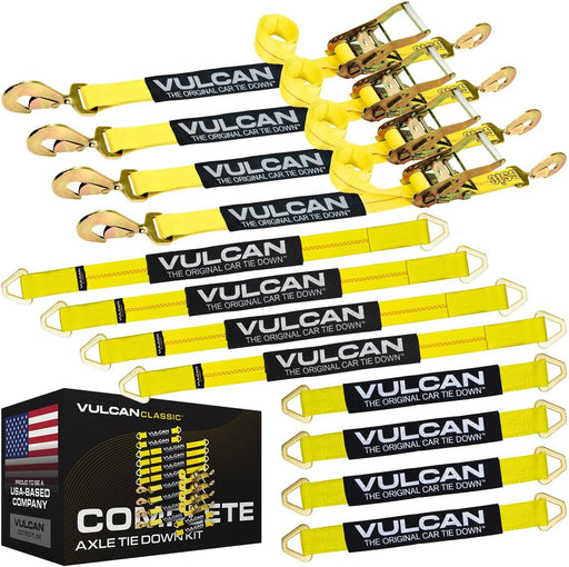 Complete Axle Strap Tie down Kit with Snap Hook Ratchet Straps - Classic Yellow - Includes (4) 22 Inch Axle Straps, (4) 36 Inch Axle Straps, and (4) 8' Snap Hook Ratchet Straps