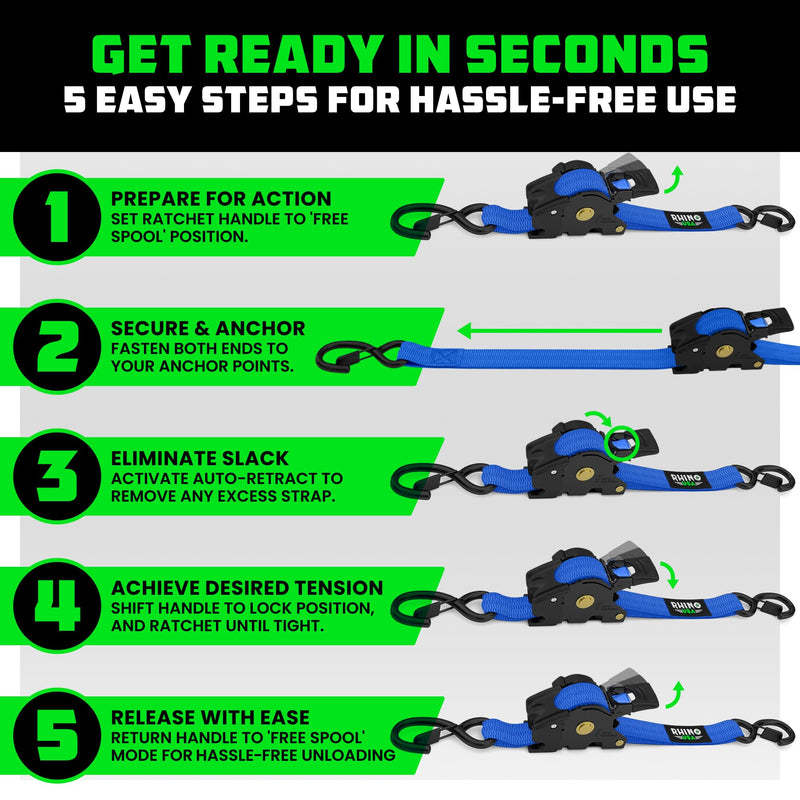 Rhino USA Retractable Ratchet Straps (4-Pack) - 1 Inch x 10 Feet (1,209lb Break Strength) - Auto Self Retracting Tie Down Straps for Truck, Cargo Trailer, Motorcycle, ATV, UTV - Blue