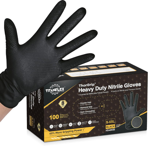 Thor Grip Heavy Duty Black Industrial Nitrile Gloves with Raised Diamond Texture, 8-Mil, Latex Free