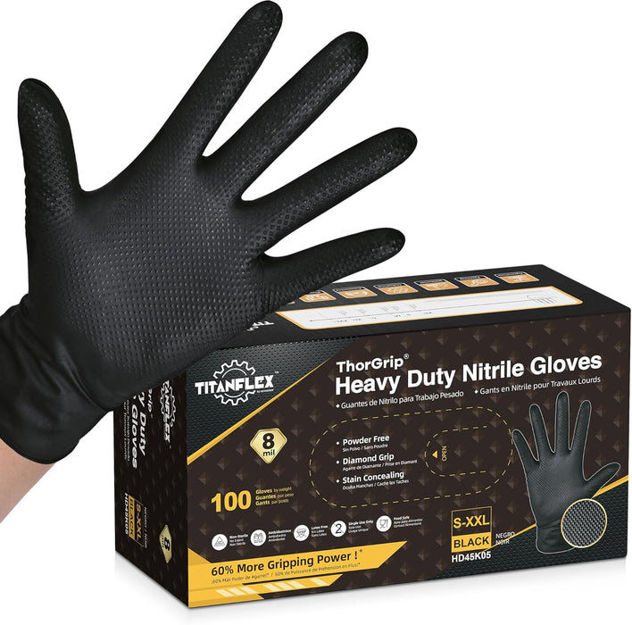 Thor Grip Heavy Duty Black Industrial Nitrile Gloves with Raised Diamond Texture, 8-Mil, Latex Free