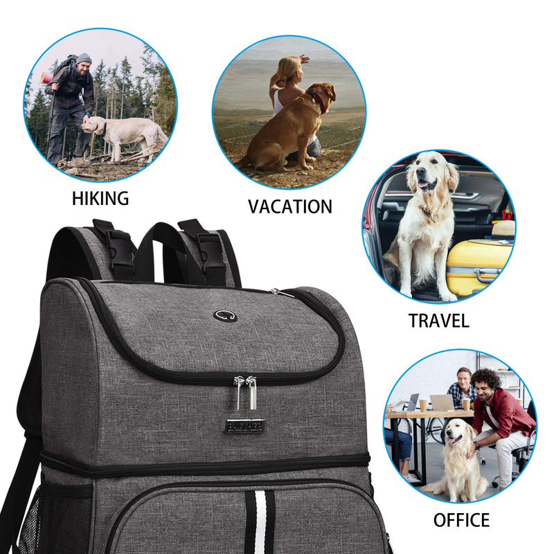 BAGLHER Pet Travel Bag, Double-Layer Pet Supplies Backpack (for All Pet Travel Supplies), Pet Travel Backpack with 2 Silicone Collapsible Bowls and 2 Food Baskets Grey