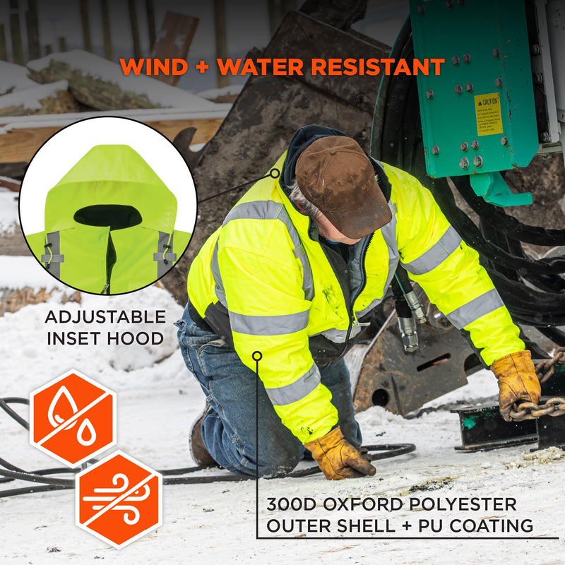 Ergodyne Unisex Adult Hi Vis Safety GloWear 8377 Type R Class 3 Lime Quilted Bomber Jacket, Medium, Lime, Medium US