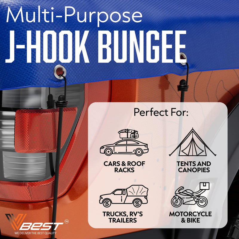 VBEST 18-inch heavy-duty black bungee cords with hooks, 6-pack outdoor strong bungee cords set showing hooks and elastic material.