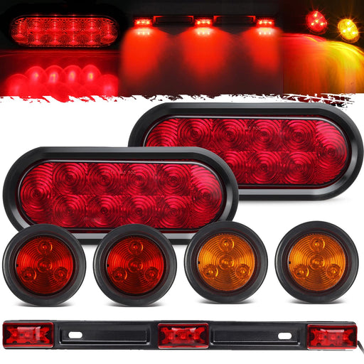 Partsam 12V LED truck trailer light kit with waterproof red stop/turn/tail lights, stainless steel ID light bar, and side marker lamps.
