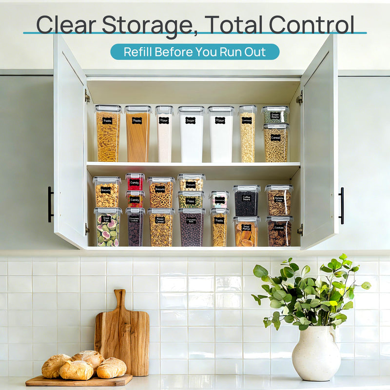 Vtopmart black airtight food storage containers with lids, 24-piece set for cereal, flour, and dry food with labels