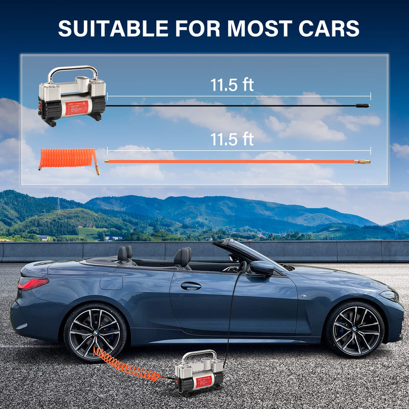 GSPSCN 6X Faster Inflation Tire Inflator Heavy Duty Double Cylinders with Portable Bag- Car Accessories，Metal 12V Air Compressor Pump 150PSI with Adapter for Car, Truck, SUV Tires, Dinghy, Air Bed