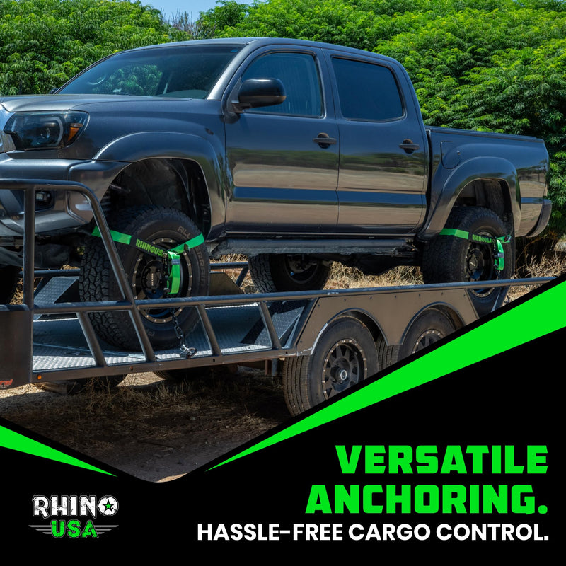 Rhino USA Car Tie Down Straps with J Hooks – 4 Pack 2" x8' – 10,000lbs Break Strength – Heavy Duty T-Handle Car Hauler Tire Lasso Wheel Straps for Trailers, UTV & Powersports – Green