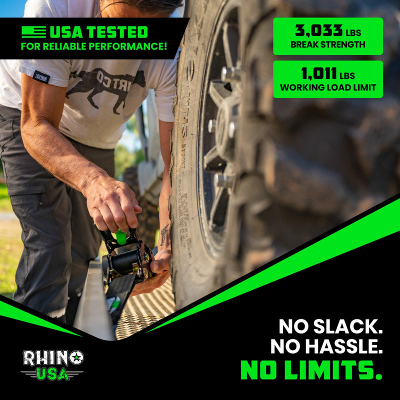 Rhino USA Retractable Ratchet Straps (2-Pack) - 2 Inch x 10 Feet (3,033lb Break Strength) - Heavy Duty Auto Self Retracting Tie Down Straps for Truck, Cargo Trailer, Motorcycle, Rad & More - Black