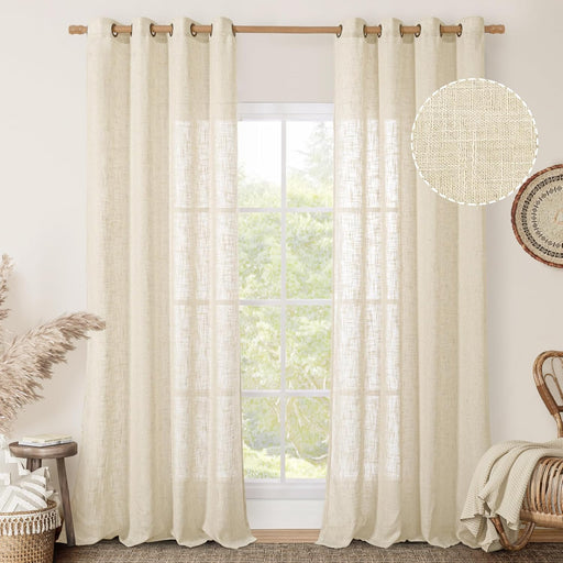 Natural Ivory Semi Sheer Linen Curtains for Living Room, 84 Inch Long Cream Light Filtering Soft Thick Neutral Drapes with Bronze Grommet for Bedroom/Farmhouse, 2 Panels, 52 X 84 Inch