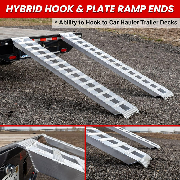 Heavy Duty Aluminum Loading Ramps - Set of 2, 8 Feet Long X 15 Inches Wide, 10000 Lbs Capacity, Hybrid Hook and Plate Ends, Serrated Cross Rungs for Maximum Traction
