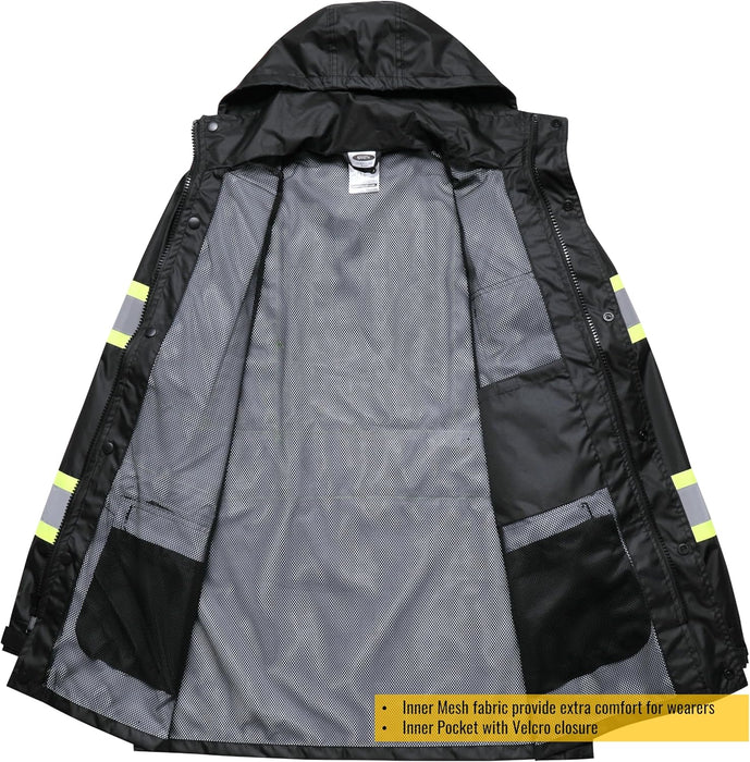 Hi-Vis Reflective Safety Rain Jacket and Pants for Men Women Waterproof Rain Gears for Farming Fishing Work HV Rain Suit with Inner Mesh Lining and Pockets (117-Black XL)