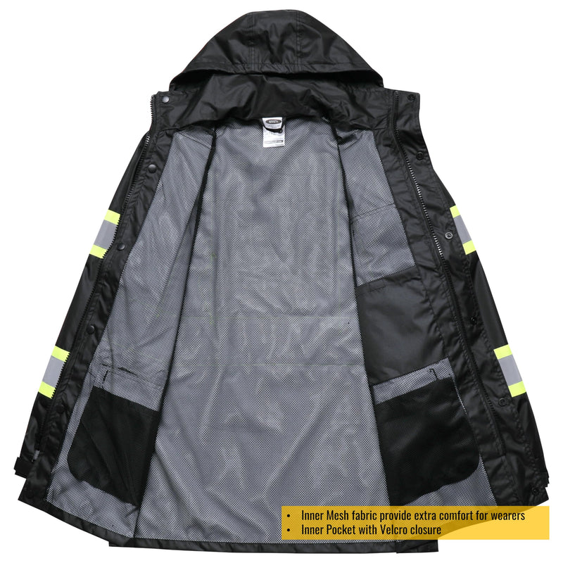 JKSafety Hi-Vis Reflective Safety Rain Jacket and Pants for Men Women Waterproof Rain Gears for Farming Fishing Work HV Rain Suit with Inner Mesh Lining and Pockets (117-Black XL)