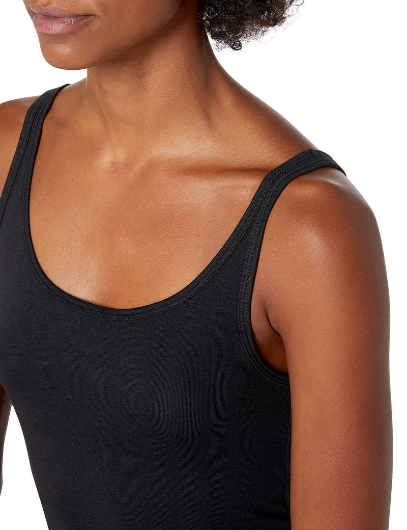 Amazon Essentials women's slim-fit thin strap scoop neck tank top pack in black and white, medium size, casual sleeveless tops.