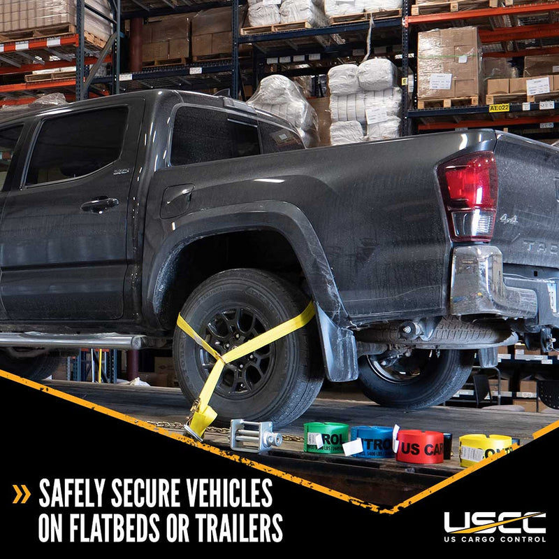 US Cargo Control Side Mount Wheel Nets with Ratchets and Flat Hooks (4-Pack), Lasso Tie Down Straps for Tire Sizes 14 Inches and More, 12,000 LBS Break Strength, Lasso Straps for Car Hauler