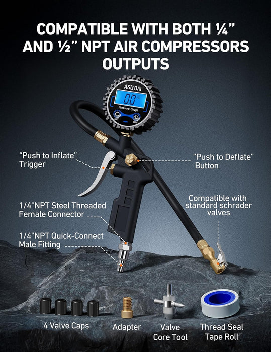 Digital Tire Pressure Gauge with Inflator, 3-250 PSI Air Chuck & Compressor Accessories Heavy Duty with Quick Connect Coupler, 0.1 Display Resolution, 1Pack