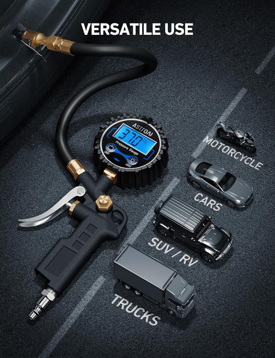 Digital Tire Pressure Gauge with Inflator, 3-250 PSI Air Chuck & Compressor Accessories Heavy Duty with Quick Connect Coupler, 0.1 Display Resolution, 1Pack