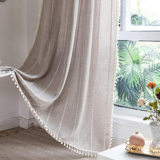 Tan Rustic Farmhouse Linen Kitchen Curtains 36 Inch Length Country Cottage Vintage Chic Tassel Short Cafe Curtains for Small Windows