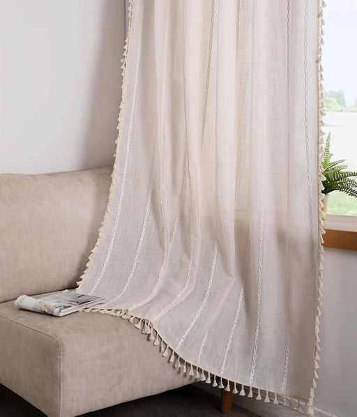 Tan Rustic Farmhouse Linen Kitchen Curtains 36 Inch Length Country Cottage Vintage Chic Tassel Short Cafe Curtains for Small Windows
