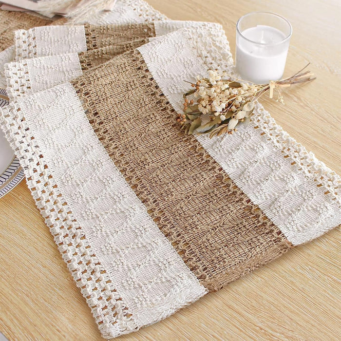 Boho Table Runner for Summer Home Decor with Tassels 72 Inches Long Farmhouse Rustic Table Runner Macrame Burlap Table Decoration for Living Room Bridal Shower(12X72 Inches)