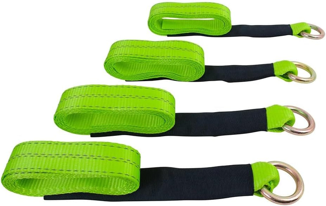 (4 Pack 2"X144" Car Tie down Straps W/Ratchet Snap Hooks & 33" over the Wheel Tire Straps - 3,333 LBS WLL Heavy Duty Tire Straps for Car Trailer - High Visibility Green Webbing